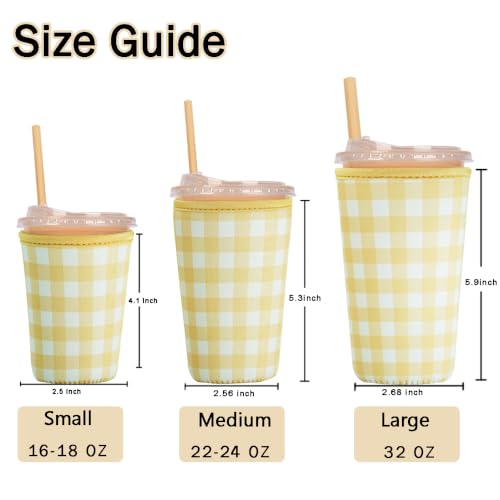 Image of Reusable Insulated Sleeve for Iced Coffee Cup, 3-Pack Coffee Neoprene Drink Sleeve for Cold & Hot Drinks, Beverage Holder for Iced Coffee (Butter Gingham)