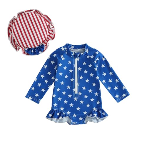 KtwHarnu Baby Girl 4th of July Swimsuit Toddler Zipper Bathing Suit One Piece Long Sleeve Ruffle Rash Guard Swinwear with Hat (Blue, 2-3 Years)