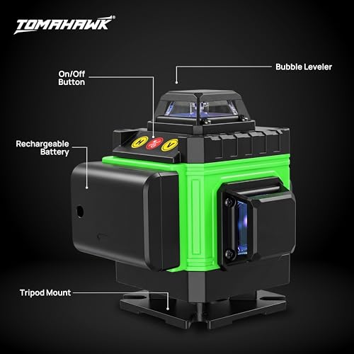 Image of TOMAHAWK 16 Lines Green Laser Level Pro, 4x360 4D Green Cross Line Professional Laser for Construction with Two 360 Vertical /Horizontal Level Pulse Mode and Remote Controller Laser Level Machine