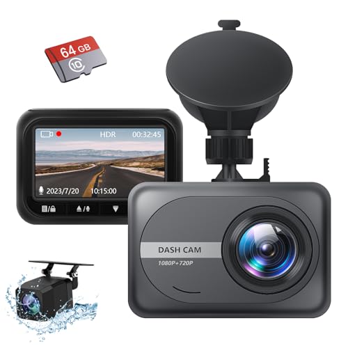 Leadfan Dash Cam Front and Rear,1080P Full HD Dash Camera for Cars,64G SD Card,2.45 inch IPS Screen,Night Vision,WDR,2 Mounting Ways,Parking Monitor,G-Sensor,Loop Recording,Motion Detection