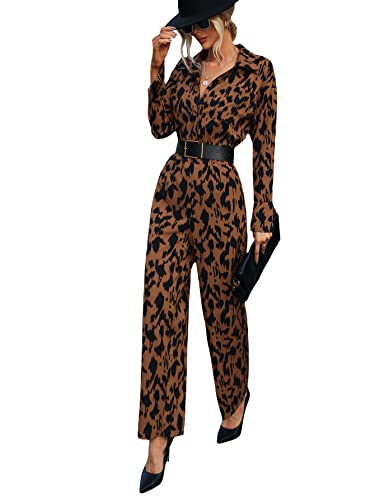 Wdirara Women's Leopard Print Wide Leg Long Sleeve Collared Elegant Button Down Jumpsuit Brown Xl #TOP30