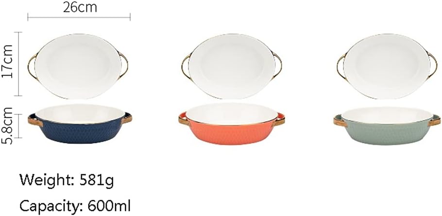 Baking Dish Set of 2 Ceramic Baking Dish Round Dinner Plates, Oven Safe Roasting Grill Pan with Handles Oval Dish, Food Serving Dinner Trays Bakeware (Color : Orange) (Orange)