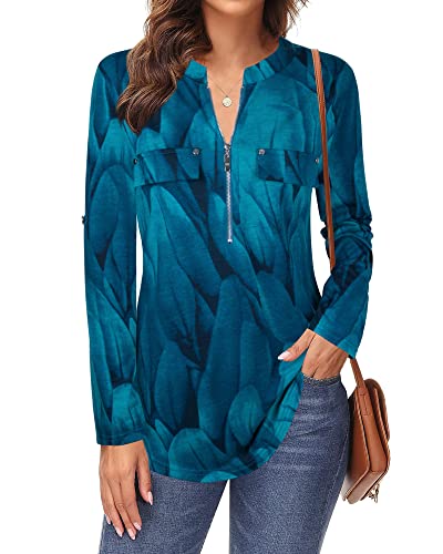 Image of Bulotus 3 /4 Length Sleeve Womens Striped Tops Zipper V Neck Collared Blouses Business Casual Tunics 2026 Spring Trendy