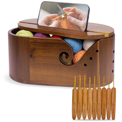 Image of Miglaja Yarn Bowl - Large Size Wooden Yarn Holder, Smooth Crochet Bowl with 9pcs Knitting Hooks Yarn Bowls for Crocheting Yarn Storage (with LID)