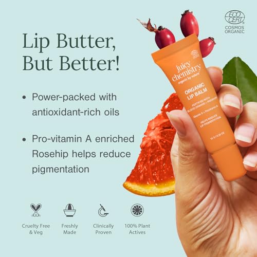 Image of Juicy Chemistry Blood Orange & Rosehip Lipbalm, 10 g | Organic Lip Balm for Dark, Pigmented, Dry & Chapped Lips | Enriched with Vitamin A, C, E & Ceramides | Clinically Tested | For Men, Women & Kids