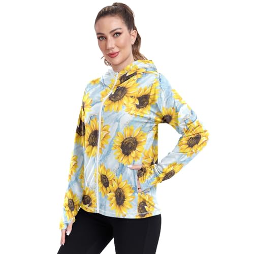 KLL Moletom feminino com capuz com zíper e proteção FPS 50+, girassol, abstrato, branco, azul, mármo