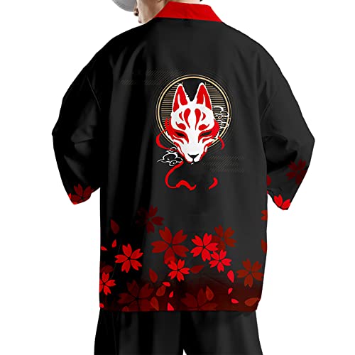 Image of DOSLAVIDA Men's Japanese Kimono Jacket Set Stylish Open Front Coat With Shorts Chinese Style Printed Cardigan Suit