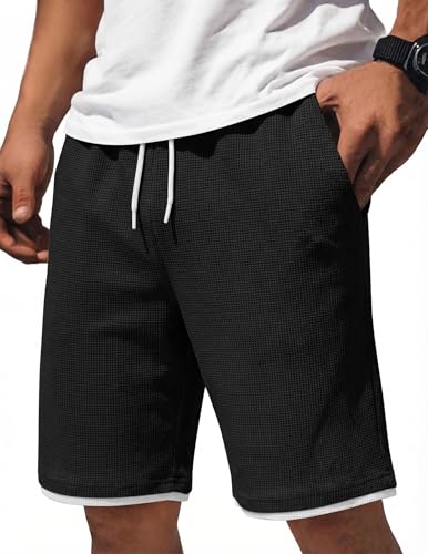 COOFANDY Mens Casual Shorts – Cotton Drawstring 9‑Inch Waffle Stretch with Elastic Waist – Summer Beach Lounge Sweat Shorts in Black