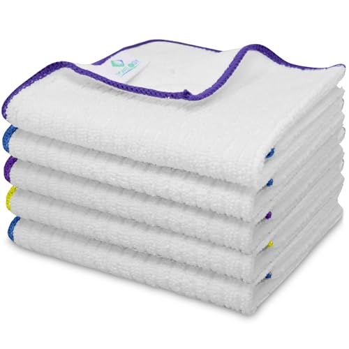 Towelogy Microfibre Dish Cloths Set of 5 – 30x30cm (Standard Size) Scratch-Free High Absorbency Perfect for Spotless Kitchen Cleaning & Dishwashing Stain Resistant Machine Washable (White)