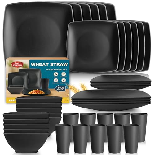 Teivio 40-piece Plastic Wheat Straw Square Dinnerware Set,Service for10, Unbreakable Dinner Plates, Salad Plates, Snack Bowls, Tumblers 13.5 oz, Dishwasher Safe, Kitchen Outdoor Camping Dish, Black