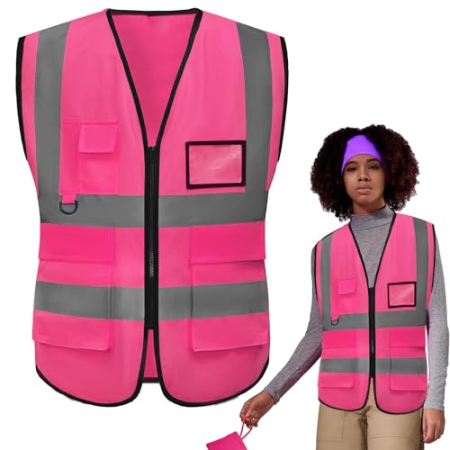 Rose Xl Gilet De Sécurité Avec Poches Et Fermeture Éclair,Gilet Fluorescent De Sécurité,Gilet De Securite Reflechissant,GiletFemme,Gilet Reflechissant,Pour Femmes Adultes, Hi Viz Gilet Avec Zippé