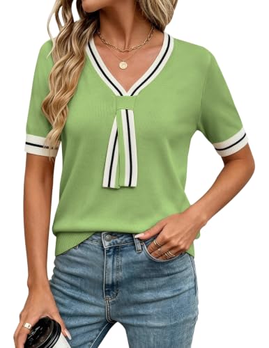 Image of Libsorge Womens Lightweight Cute Bow Tie Sweater Spring 2026 Business Casual Outfits V Neck Short Sleeve Tops