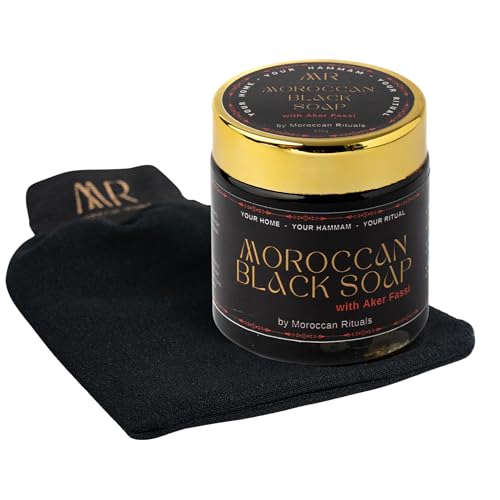 Authentic Moroccan Black Beldi Soap & Exfoliating Kessa Glove Traditional Hammam Body Scrub 100% Natural Made in Morocco (Red Akkir Fassi 200g)