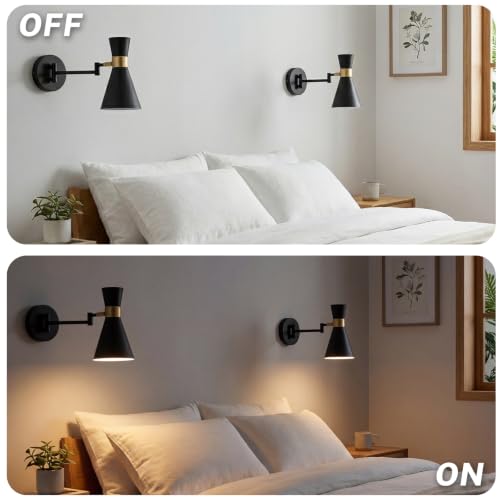 Image of OSYNNIQ Wall Sconce Light with Adjustable Swing Arm for Bedside Reading | Wall Lamp, Modern, Industrial, Lighting Fixture, Black, Hardwired, for Bedroom /Living Room /Indoor, E26 Bulb Included