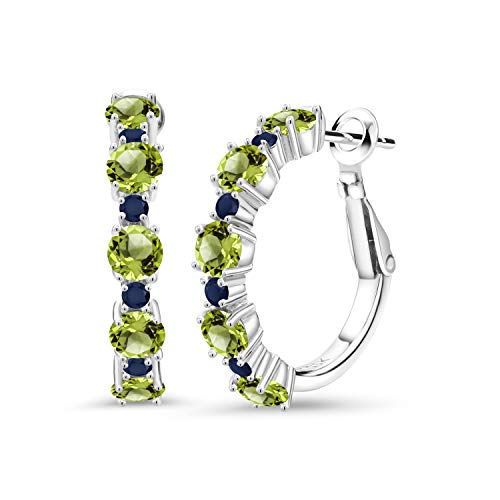 Gem Stone King 925 Sterling Silver Green Peridot And Blue Sapphire Hoop Earrings For Women (3.35 Cttw, Round 4Mm And 1.9Mm, Gemstone Birthstone 1 Inch Diameter) #TOP13