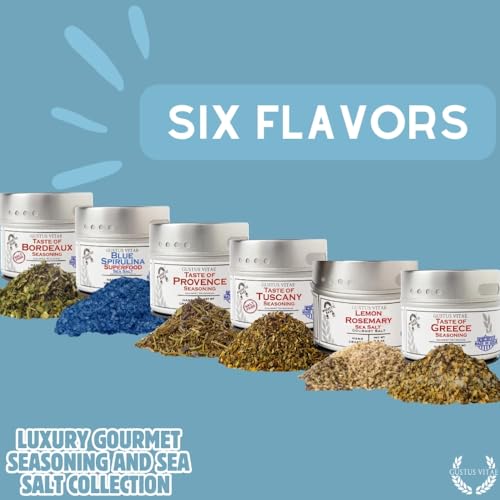 Luxury Gourmet Seasonings, Spices & Infused Sea Salts Collection | Non GMO, All Natural | 6 Magnetic Tins | Handmade in Small Batches | Sustainably Sourced Artisanal Spice Blends | Made in USA | GLP-1 Friendly | Gustus Vitae | #42