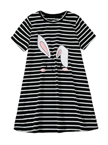 SHENHE Girl's Striped Graphic T Shirt Dress Short Sleeve Cute Rabbit Print Casual Dresses