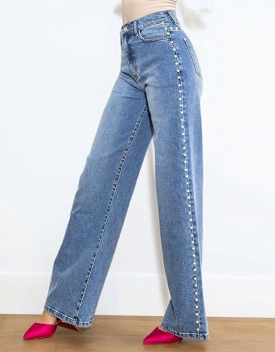 Kedera Women's High Waisted Jeans Stretchy Pearl Beaded Jeans Wide Leg Casual Denim Trousers Y2K Trendy Baggy Pants3
