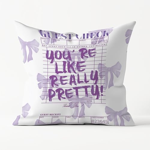 Poecinvi Purple Inspirational Bow Throw Pillow Covers 18x18, Coquette Check Pillowcase, Coquette Preppy Dorm Room Decor for College Girls, Girly Positive Decor for Home