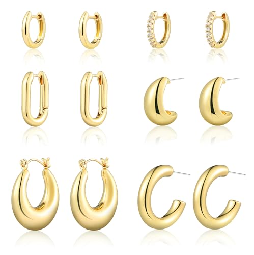 Gold Hoop Earrings for Women, 6 Pairs Hypoallergenic Lightweight Chunky Twisted Hoop Earrings - Trendy Jewelry Gifts