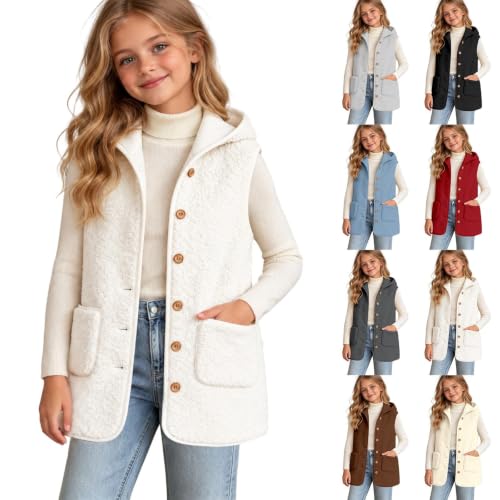 Fleece Hooded Vest Girls Sharpa Button Down Sleeveless Long Jackets Vests - image 1