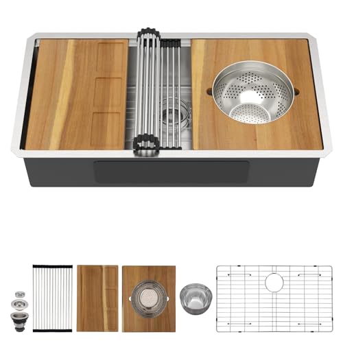 Talllor 36x19 Inch Undermount Kitchen Sink - Workstation All-In One 16 Gauge T-304 Stainless Steel Single Bowl Under Counter Large Kitchen Sink with Cutting Board and New-Accessories #TLU-0037