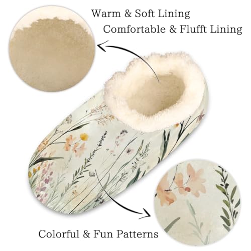 Vintage Watercolor Wildflowers Plants Slippers for Women Slipper Socks Soft Fuzzy House Slippers Shoes for Indoor Bedroom, Winter Cozy Christmas Gifts2