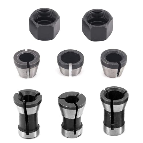 Router Collet Chuck, 6 pcs Carbon Steel Woodworking Milling Chuck Adapter Router Bit Collet Chucks Clamping Adapter for Engraving Trimming Machine Tool, 6mm 6.35mm 8mm, 2pcs Nuts