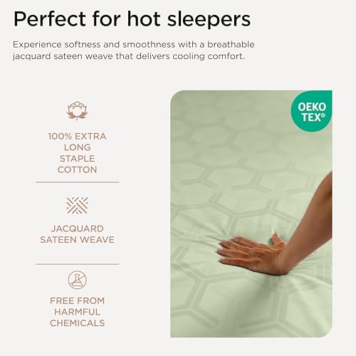 Image of Threadmill 100% Cotton Sheets for Full Size Bed - 600 Thread Count Full Bed Sheets Set with 16 inch Deep Pocket - Jacquard Sateen Weave 4-Piece Bedding Set with Cooling Effect, Sage Green