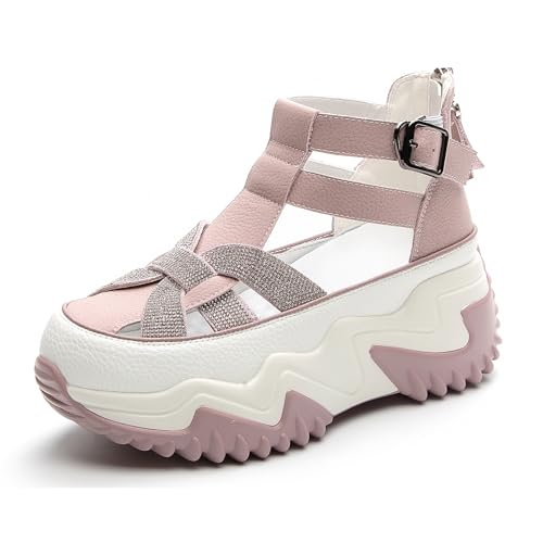 Women Rhinestone Thick-Soled Fashion Sneakers,Hollow Back Zipper Heightening Shoes Comfortable Adjustable Buckle Breathable Casual Platform Sneakers Sandals