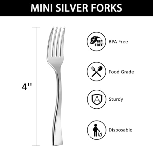 Qeirudu Mini garfos de prata de plástico de 4 polegadas, 100 pacotes de garfos de aperitivo descartá