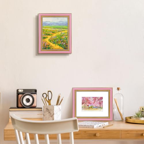 Image of Golden State Art,8x10 Ornate Picture Frame Holds 5x7 Photo,Pink Gold | Includes real glass front,white mat,easel stand,build-in hangers and buttons.Displays 5x7 photo on wall or tabletop