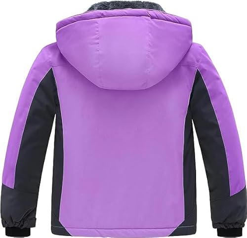Wantdo Mädchen Winterjacke Verdickte Windjacke wasserdichte Skijacke Atmungsaktive Wanderjacke Outdoor Kapuzenjacke Winddichter SchneeMäntel Grau+lila 128-134