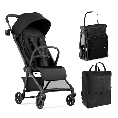 Image of Mompush Nexis Carbon Travel Stroller, Ultra-Lightweight 11.5 lbs, Compact & Airplane Carry-On Approved, One-Second Auto-Fold, One-Hand Full Recline, from Birth to 50 lbs, Travel Bag Included, Black