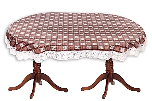Image of The Furnishing Tree Waterproof PVC Oval Shaped 8 Seater Table Cover WxL 60x90 inches Basketweave Pattern Multicolor with White Border lace