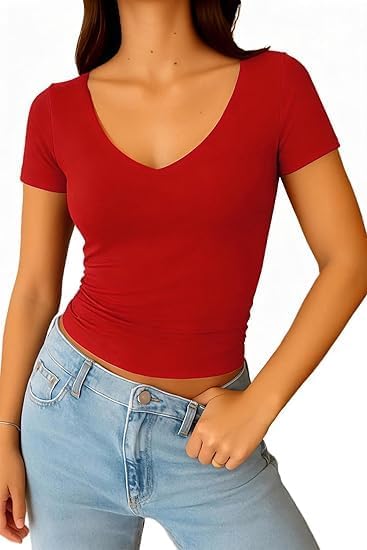 Women's V-Neck Crop Top, Short Sleeve, Fitted Stretch T-Shirt, Red, Casual Style