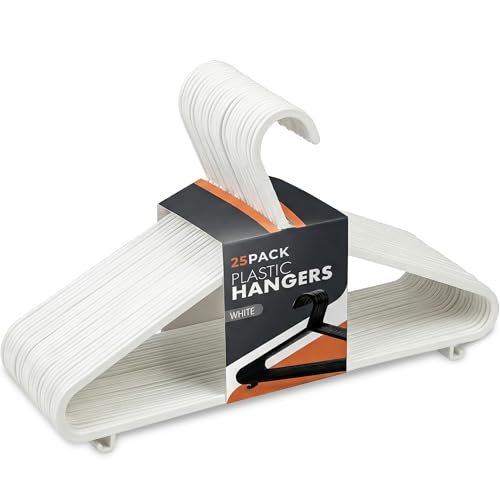 Scott 11 Plastic Coat Hangers 25 Pack - Adult White Strong Clothes Hangers For Clothes Durable With Hooks For Space-Saving Lightweight Non-Slip Slim Design For Trousers Shirts & Suits