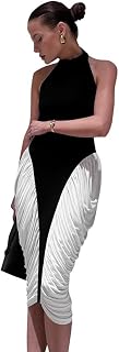 Monochrome Halter Neck Ruched Midi Dress