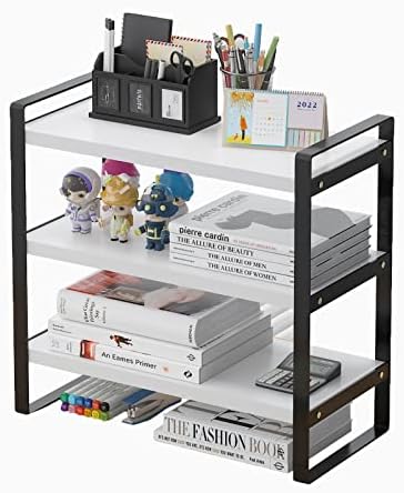 feejee 3 Tiers Desktop Shelf Organizers and Storage with Metal Frame Wood Board Racks for Office, Dorm, School Small Display Shelves Mini Bookshelf Corner Shelving (Frame Black&Tier White, 3 Tiers)