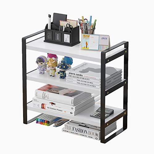 Feejee 3 Tiers Desktop Shelf Organizers And Storage With Metal Frame Wood Board Racks For Office, Dorm, School Small Display Shelves Mini Bookshelf Corner Shelving (Frame Black&Tier White, 3 Tiers) #TOP3
