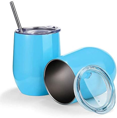 2 Pack 12 oz Wine Tumbler with Lids, Double Wall Vacuum Insulated Stainless Steel Stemless Wine Cup Set of 2, Wine Glass for Wine, Drinks, Champagne, Cocktails (Include Straws & Brush) (blue 02)