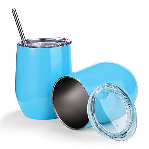 2 Pack 12 Oz Wine Tumbler With Lids, Double Wall Vacuum Insulated Stainless Steel Stemless Wine Cup Set Of 2, Wine Glass For Wine, Drinks, Champagne, Cocktails (Include Straws & Brush) (Blue 02) #TOP22