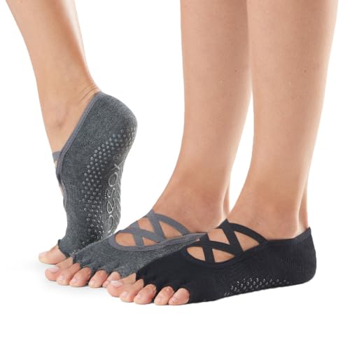 toesox Elle Half Toe Grip Socks 2-Pack - Non-Slip Pilates Socks for Women with Grippy Sole and Arch Support, Wear for Yoga, Barre, Dance, Ballet - Black/Charcoal Grey, Small