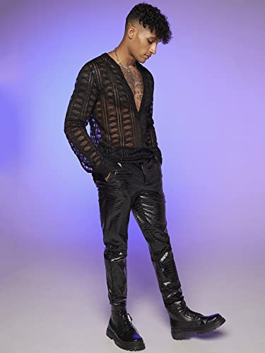 Wdirara Men's Fishnet Sheer Long Sleeve Notched Neck Hollow Out See Through Shirt Black S #TOP3