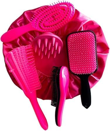 Kit com 5 Escovas – Raquete Fashion Flex + Escova Mágica + Polvo + aMassageadora de Silicone e Touca de Cetim Aleatória