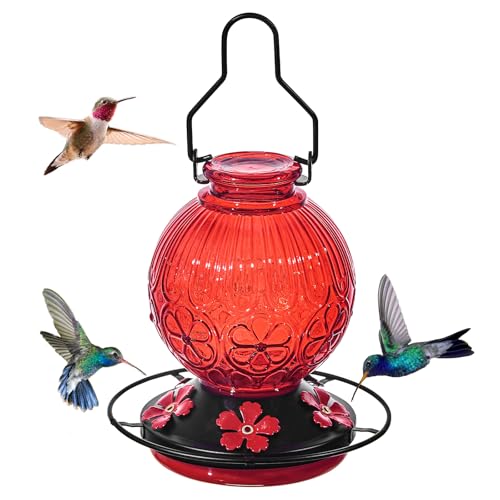 Glass Hummingbird Feeders for Outdoors Hanging, 23Oz Humming Bird Nectar Feeders with Perch, 5 Flower Feeding Ports, Leak Proof Base and Hook for Garden Decor, Gifts for Mom Women (Red)