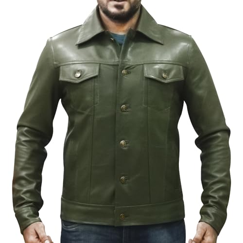Image of Men's Genuine Leather Trucker Jacket Vintage Motorcycle Black Western Biker Slim Fit Trucker Jacket