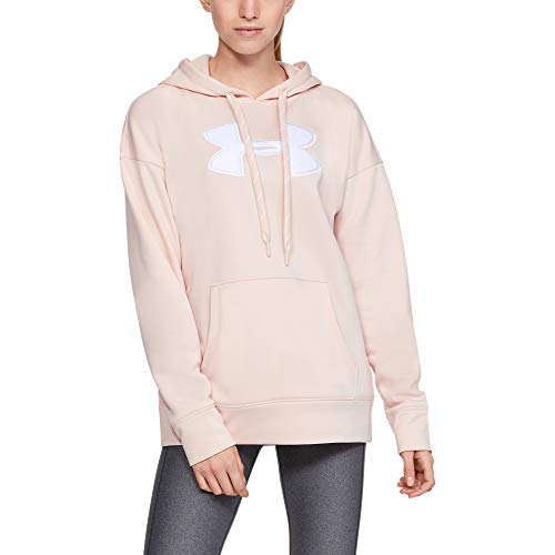Under Armour Women's Synthetic Fleece Chenille Logo Pullover Hoodie, Apex Pink Light Heather/White, Medium