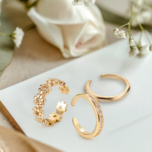 3pcs Silver Toe Rings, Open Adjustable Copper Toe Ring Set Flower Diamond Plain Foot Ring Summer Beach Foot Jewelry for Women4