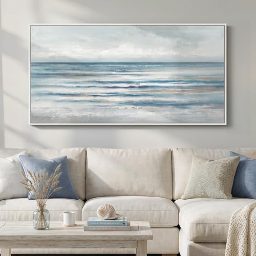 Large Framed Coastal Abstract Landscape Wall Art for Living Room,